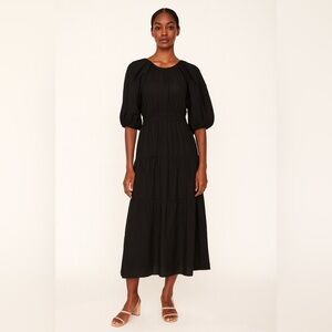 Moon River Puff Sleeve Shirred Cutout Tiered Midi Dress Medium Black Boho Chic